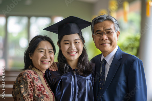 Happy asian student girl finished university on the ceremony with parents