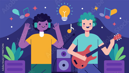 Two friends one neurotypical and one neurodivergent attending a concert and experiencing the music in different ways but still having an amazing time. Vector illustration