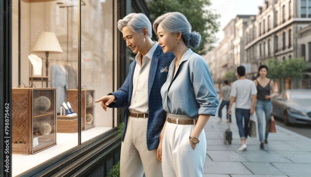 Fototapeta premium シニア夫婦がウインドーショッピングを楽しんでいる。