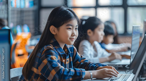 ai - driven personalized learning a young girl with long black hair and a blue shirt sits at a silv photo