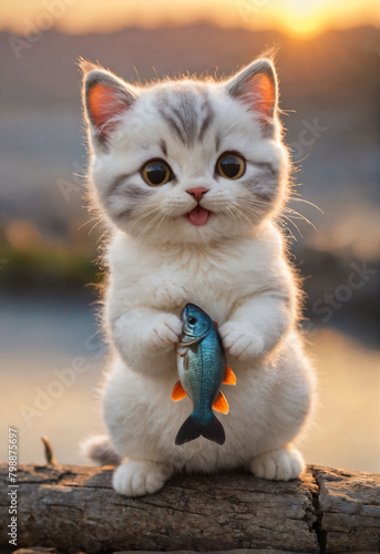 Little cat catches fish near sunset