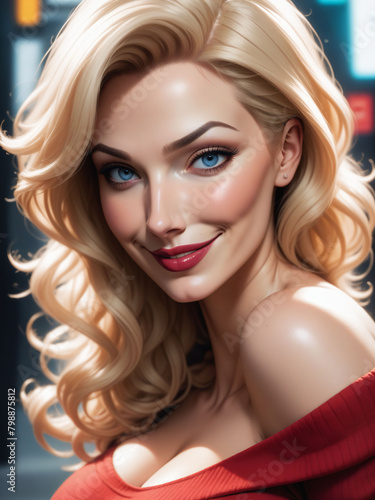 Cartoon image of a blond girl wearing a red dress