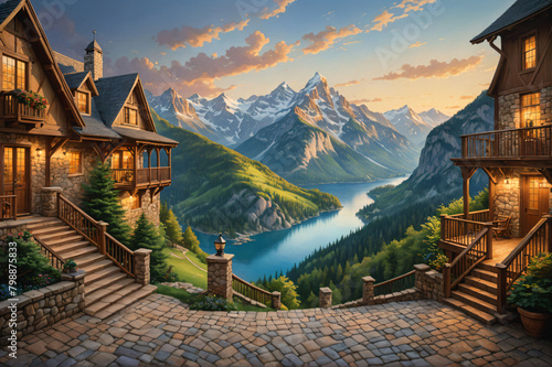 A house on a mountain next to a lake surrounded by mountains.