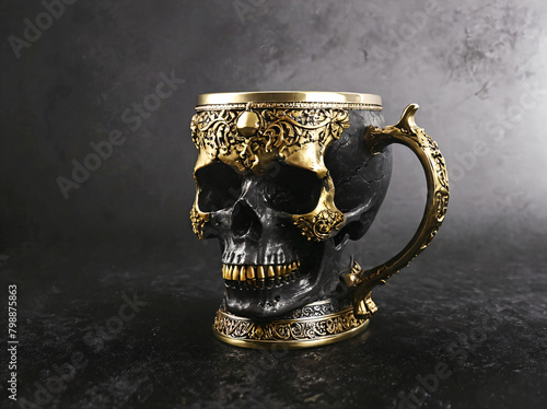 Skull drinking glass decorated in gold on a black background.