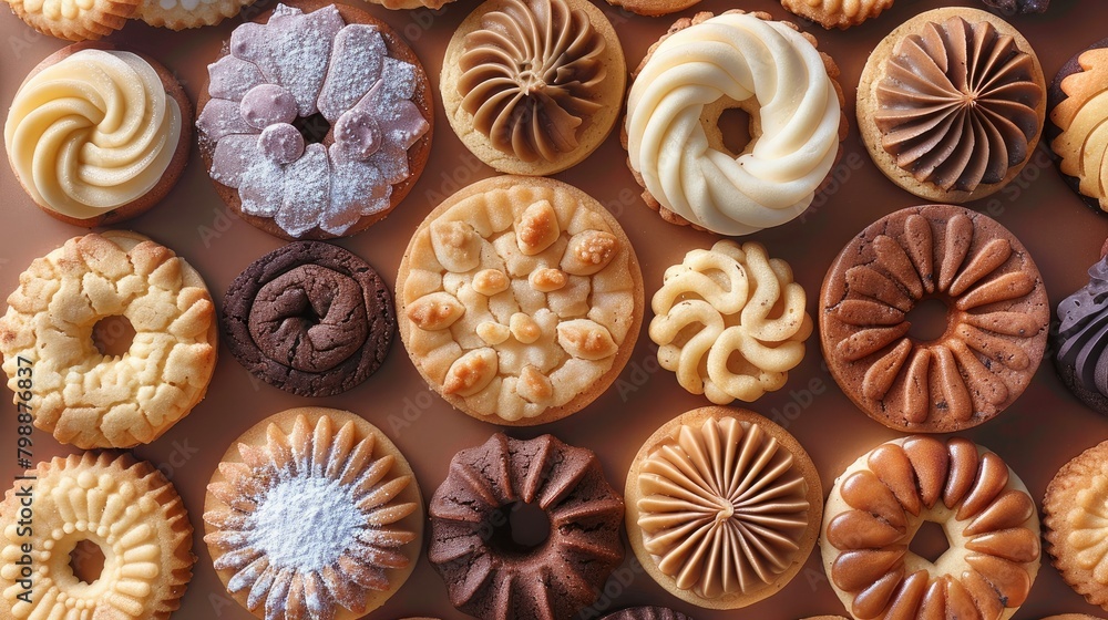 A variety of cookies. top view. Generative AI. A variety of cookies. top view. Generative AI.