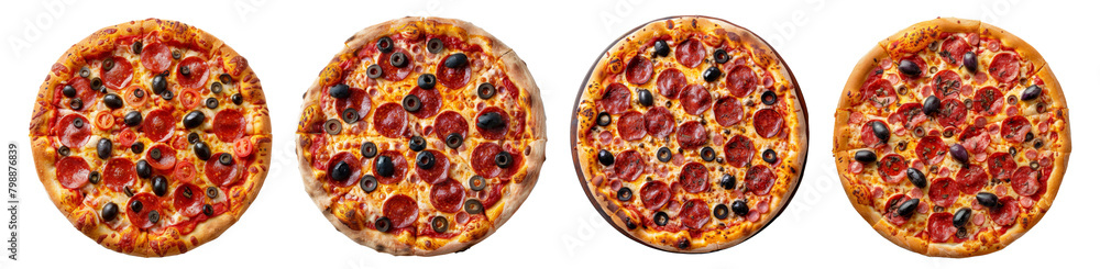 Pepperoni pizza with salami and olives, PNG set Pepperoni pizza with salami and olives, PNG set