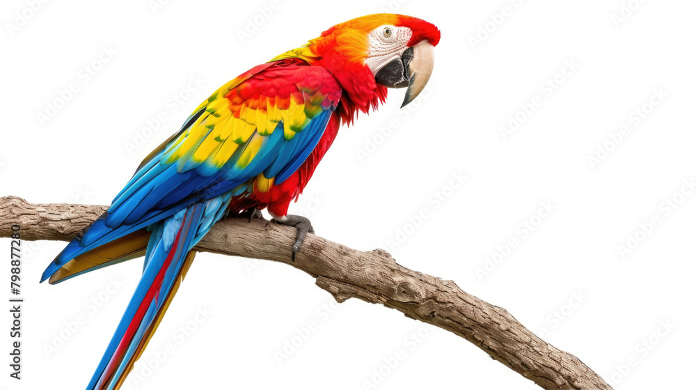 A vibrant parrot with colorful feathers perched on a tree branch