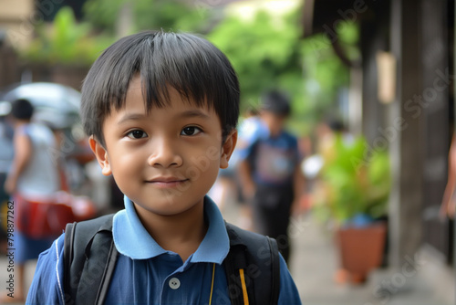 Portrait of a smiling young boy with a backpack outdoors, capturing his excitement and innocence as he prepares for a day of learning and fun at school