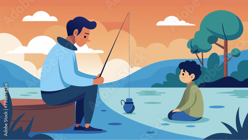 An introverted teenager opens up to their parent about their struggles while surrounded by the calmness and serenity of fishing.. Vector illustration