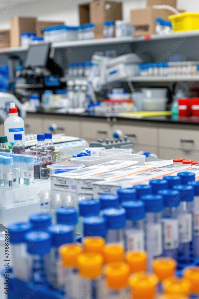 Lab setting with numerous bottles containing various liquids, neatly arranged on shelves Lab setting with numerous bottles containing various liquids, neatly arranged on shelves