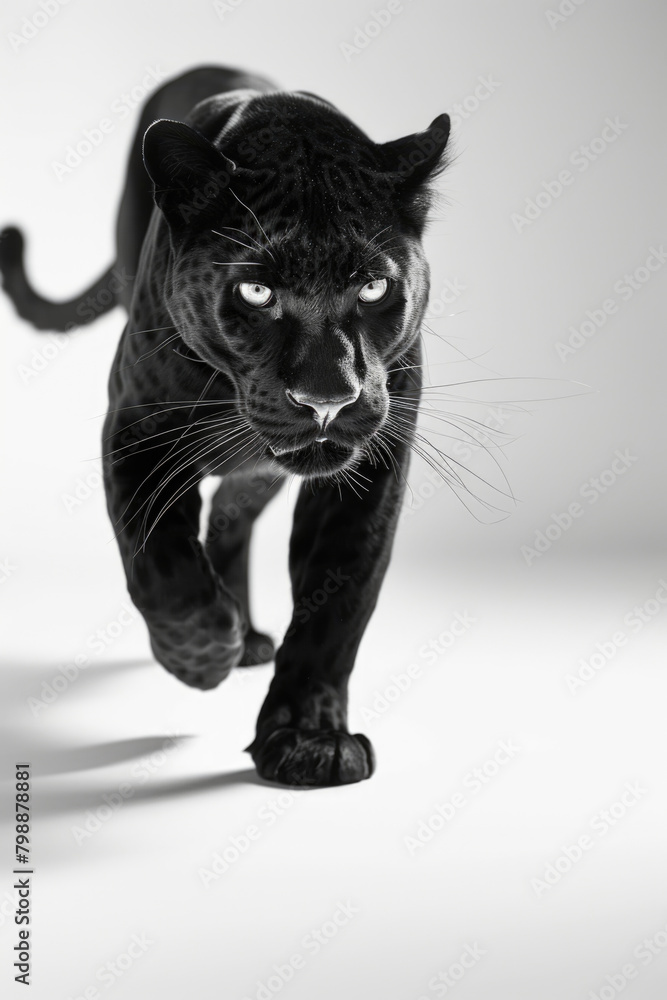 A black and white portrayal of a panther running with powerful and graceful strides A black and white portrayal of a panther running with powerful and graceful strides