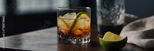 Classic Dark and Stormy Cocktail with Lime, copy space, place for adding text or design photo
