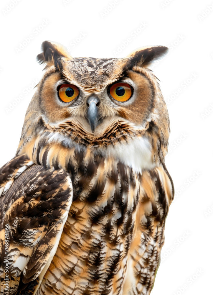 Fototapeta premium An owl is shown in close-up detail against a white background