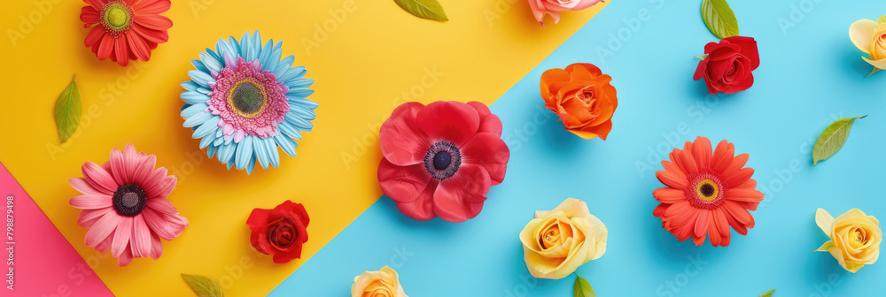Vibrant paper flowers in various colors arranged on a background of blue and yellow, creating a striking visual contrast