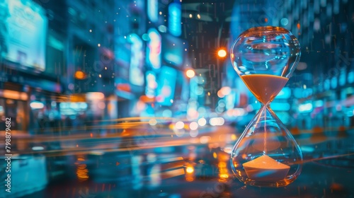 An hourglass running out of sand against a backdrop of closing businesses photo