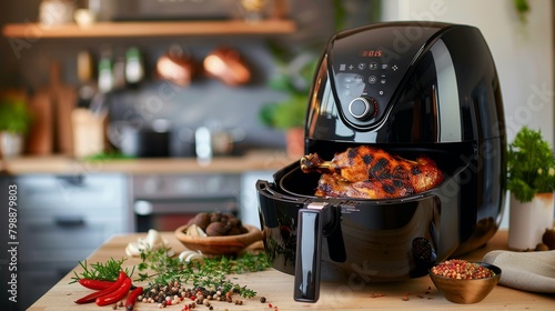 A succulent whole chicken roasting inside the air fryer, surrounded by colorful vegetables, emitting savory aromas. photo