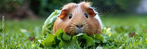 A guinea pig with brown and white fur is seen eating a leaf of lettuce