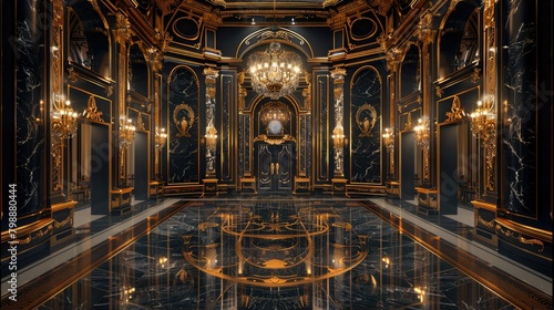 Black and gold, exhibition hall, background design, dark color, gold embellishment, diamond embellishment, high-end and domineering. Generative AI. photo