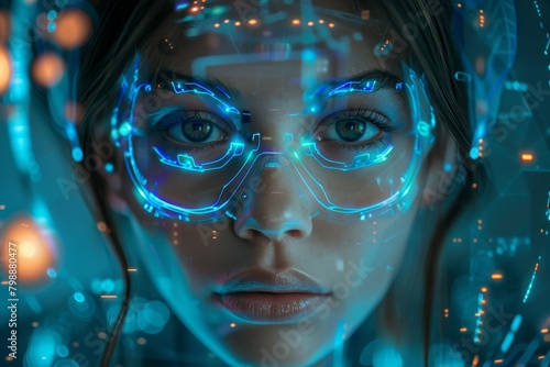 Portrait of beautiful woman robot, with integrated hologram and technology elements over her face on futuristic background, Generative AI