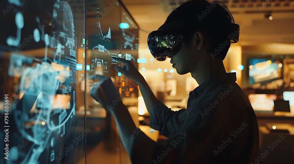 augmented reality experience in the dark a person wearing a blue and black shirt stands in front of augmented reality experience in the dark a person wearing a blue and black shirt stands in front of
