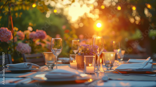 Elegant and select dinner decoration restaurant table outside spring in summer style Wine Glass on the table Soft light and romantic atmosphere sundowner service menu guests candle