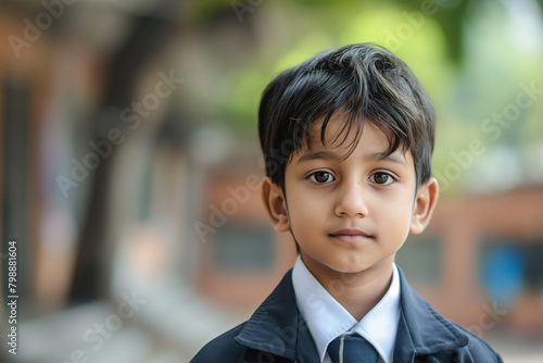 Portrait of a young boy with a serious expression, dressed in school uniform, standing outside with a blurred background highlighting his presence and innocence