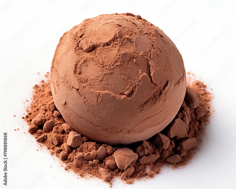 A large brown ball of chocolate powder sits on a pile of loose powder. A large brown ball of chocolate powder sits on a pile of loose powder.