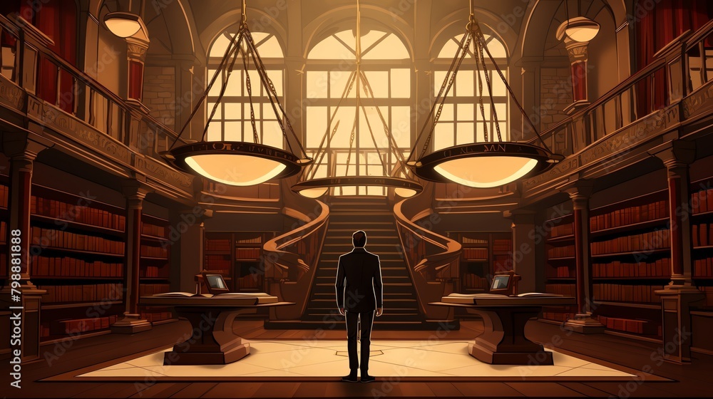 A library with a large staircase leading up to a balcony, with a person standing at the bottom of the stairs looking up. A library with a large staircase leading up to a balcony, with a person standing at the bottom of the stairs looking up.