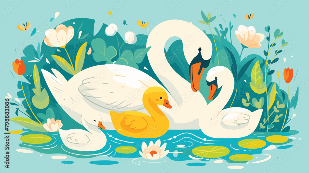 Couple of white swans and brood of cygnets floating
