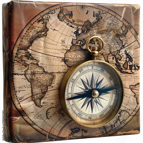 Retro magnetic compass placed on a world map  evoking themes of travel  geography  history  navigation  tourism  and exploration.