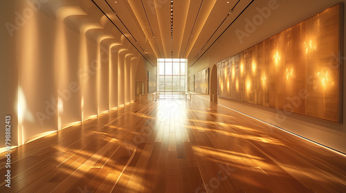 Interior arts and crafts museum, magnetic track spotlights, light strips, downlight lighting, wall lighting, contrasting lighting, warmth and softness, light and shadow art. Generative AI.