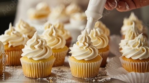A baker piping swirls of fluffy buttercream frosting onto cupcakes, adding a finishing touch to these delightful sweet treats.