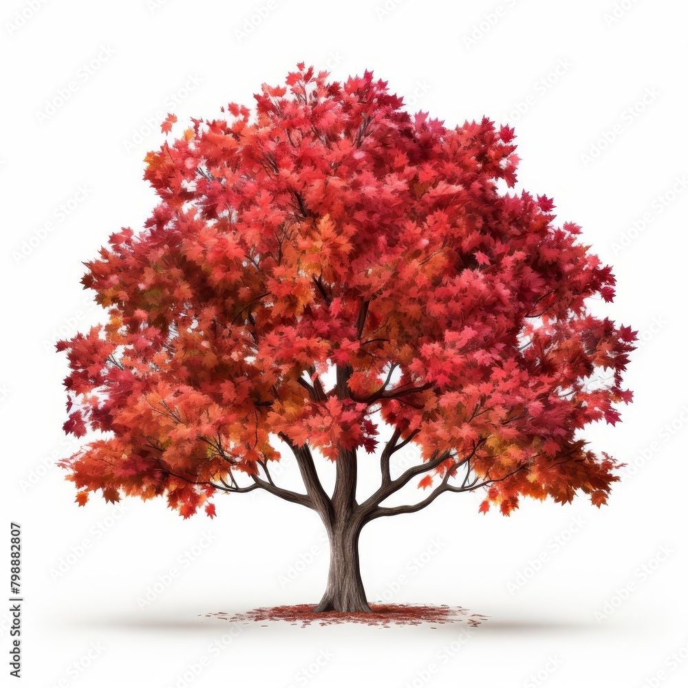 A tall, solitary maple tree with bright red leaves set against a white background.