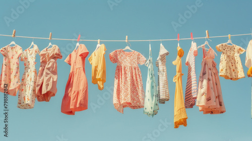 Clothes are hanging on a clothesline against a clear blue sky, drying in the sun photo