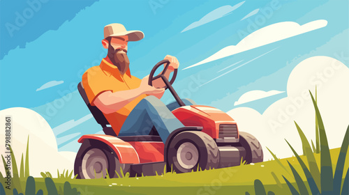 Happy bearded man sitting on lawn mower isolated on photo