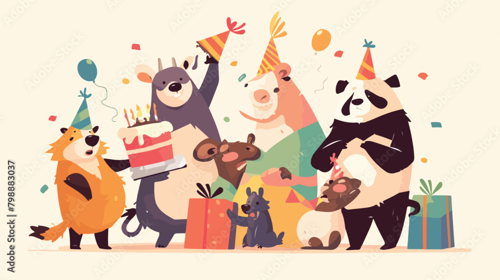 Happy birthday card design funny wild animals. Cute