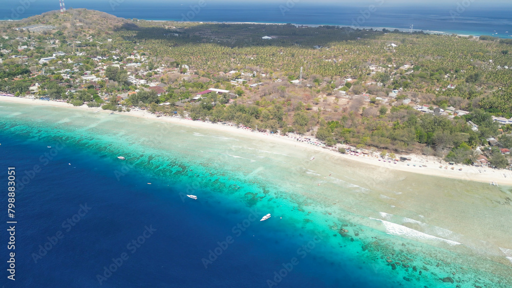 Fototapeta premium Amazing aerial view of Gili Trawangan coastline on a sunny day, Indonesia