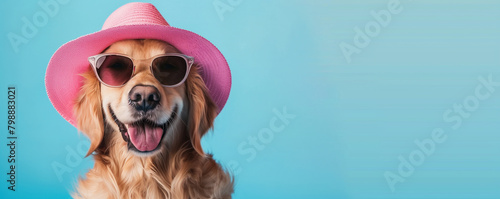 Golden retriever dog wearing sunglasses and a pink hat.
