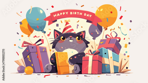 Happy birthday inscription and adorable cartoon cat