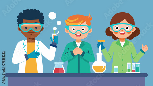 In a chemistry lab students wear goggles and gloves as they conduct experiments that engage their sense of smell touch and sight to understand. Vector illustration