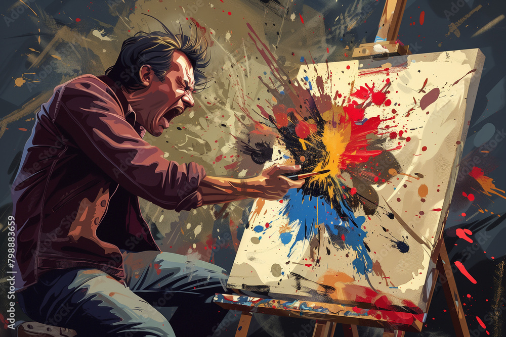 Angry Artist Destroying Canvas: Male Painter's Emotional Outburst - Vector Illustration with Paint Splattered Angry Artist Destroying Canvas: Male Painter's Emotional Outburst - Vector Illustration with Paint Splattered