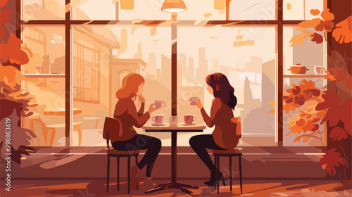 Cozy cafe interior. Women friends sitting at table