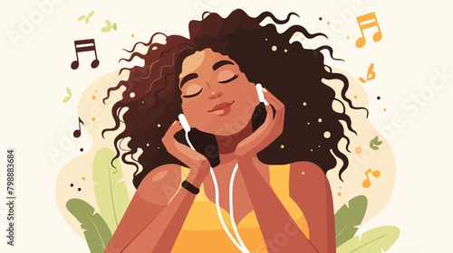 Happy black woman in earphones dancing to music. Yo