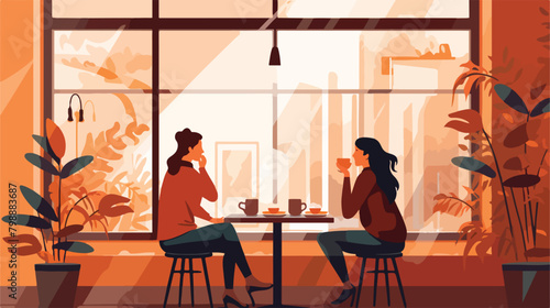 Cozy cafe interior. Women friends sitting at table