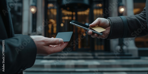 businessman exchanging business cards with a client using a digital card and a smartphone