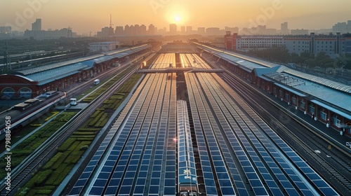 Solar PV of Railway Station. Aerial high view. Generative AI.