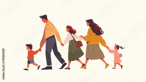 Happy cartoon family holding hands hugging walking