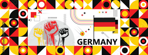  Flag and map of Germany with raised fists. National day or Independence day design for Counrty celebration. Modern retro design with abstract icons. Vector illustration.