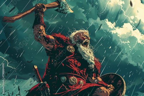 Vector Illustration: Angry Berserker Viking with Axe in Action - Mythology Fantasy Art