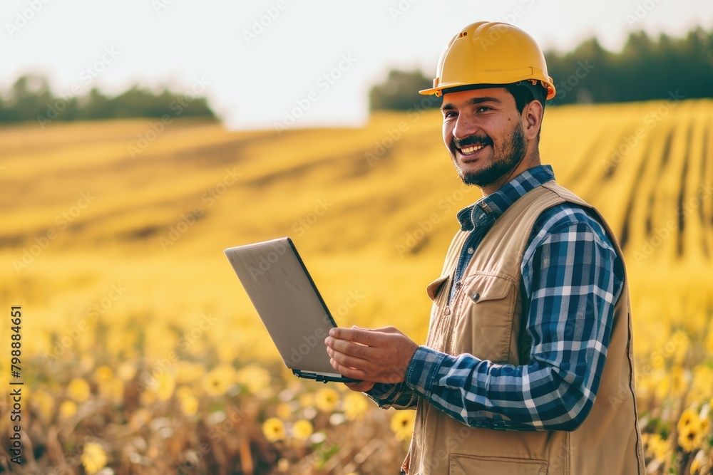 Happy engineer with laptop standing on field